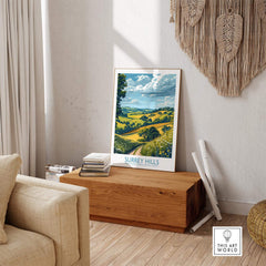 Surrey Hills Travel Poster displayed in a cozy living room to inspire nature lovers and travelers.