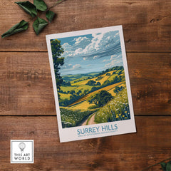 Surrey Hills Travel Poster showcasing the beautiful landscapes of the Area of Outstanding Natural Beauty.