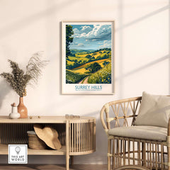 Surrey Hills Travel Poster displayed in a stylish living room setting, showcasing its scenic beauty.