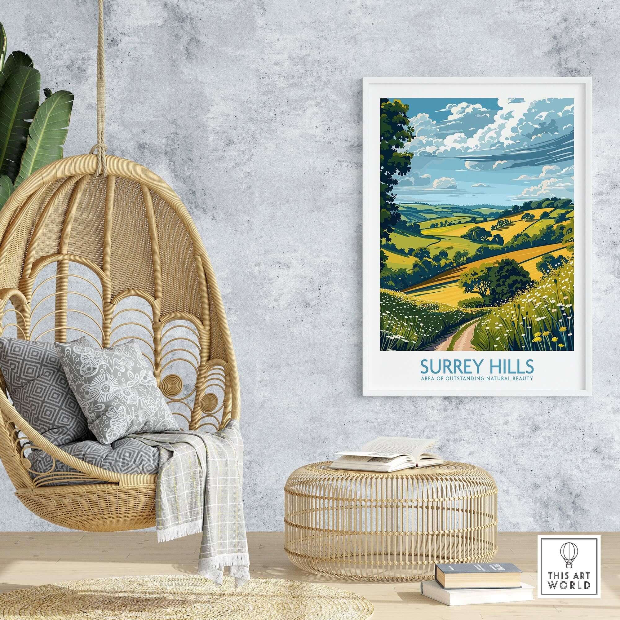 Surrey Hills Travel Poster displayed in a cozy home setting with a hanging chair and decor.