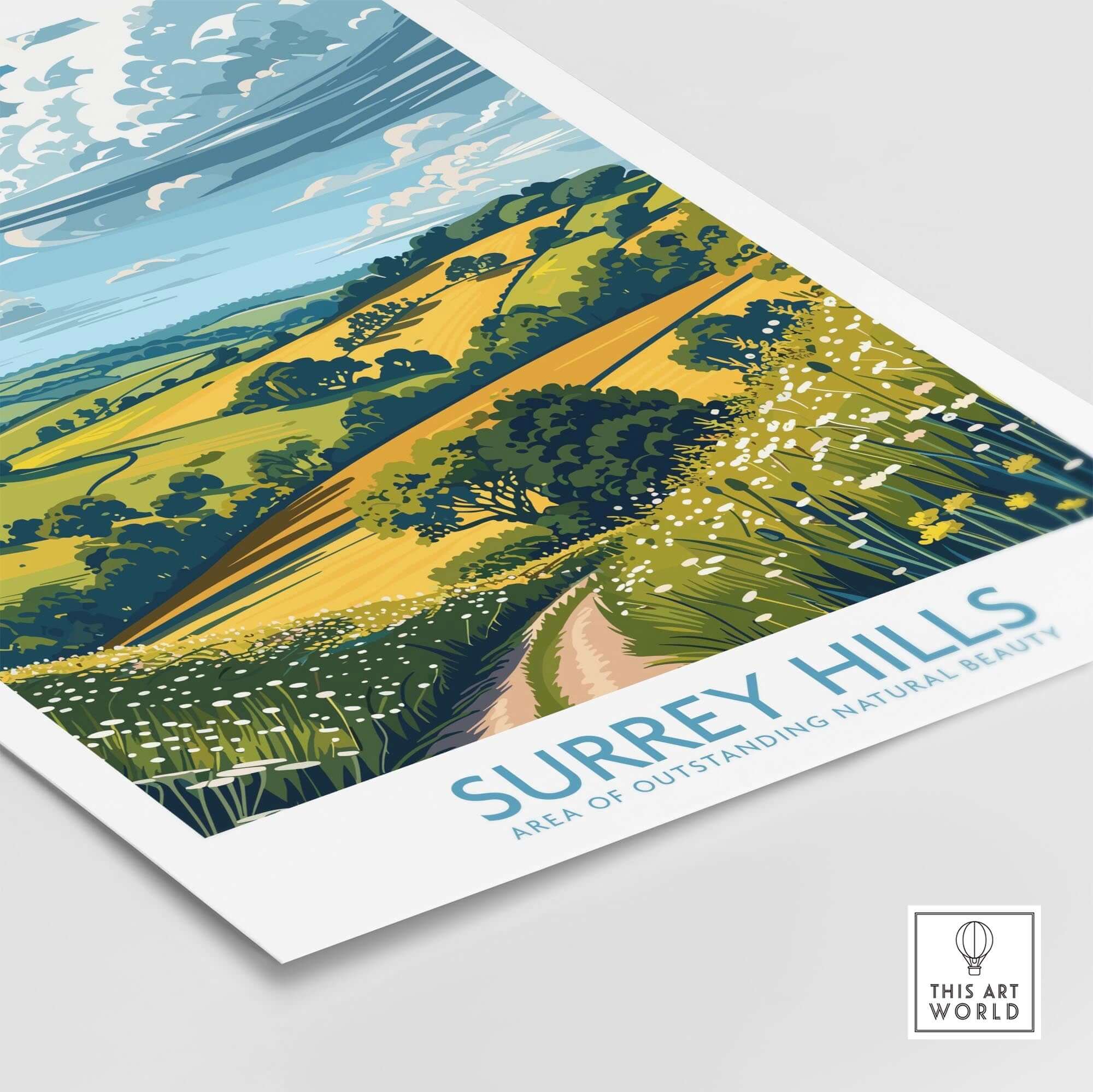 Surrey Hills Travel Poster showcasing the scenic beauty of the Area of Outstanding Natural Beauty.
