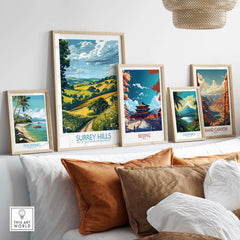 Surrey Hills Travel Poster among framed travel posters including Beijing, Costa Rica, and the Philippines on a stylish wall.