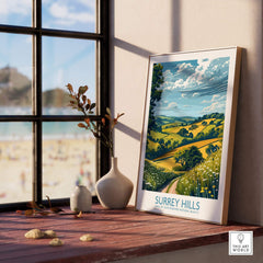 Surrey Hills Travel Poster displayed on a wooden table with a scenic view of nature and flowers in the background.