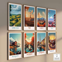 Surrey Hills Travel Poster and other city travel posters displayed on a wall, showcasing stunning landscapes and landmarks.