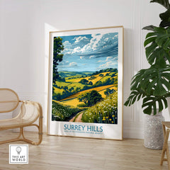Surrey Hills Travel Poster showcasing beautiful rolling hills and vibrant scenery in an elegant frame.
