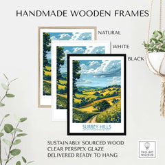 Surrey Hills Travel Poster displayed in handmade wooden frames: natural, white, and black options.