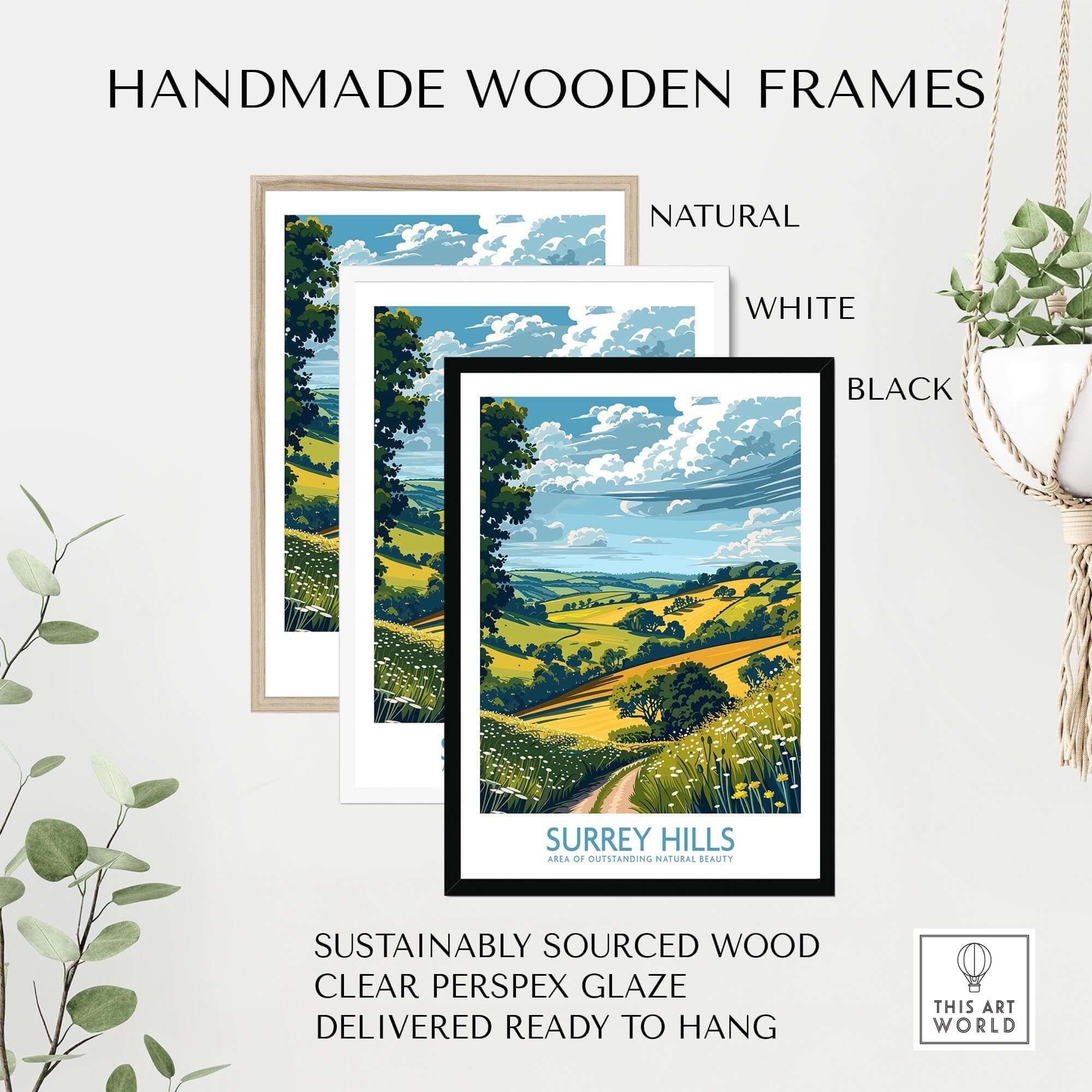 Surrey Hills Travel Poster displayed in handmade wooden frames: natural, white, and black options.