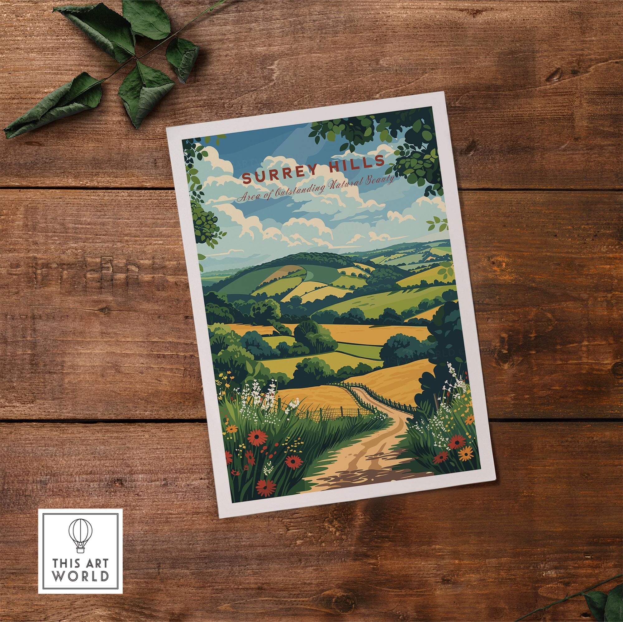 Surrey Hills Travel Print - Area of Outstanding Natural Beauty showcasing idyllic countryside scenery.