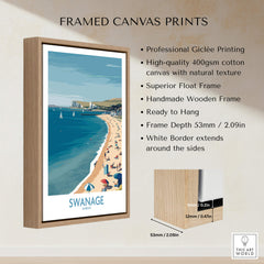 Swanage Dorset Poster | White Cliffs & Coastal Sailboat Scene Canvas Print framed with natural wood.