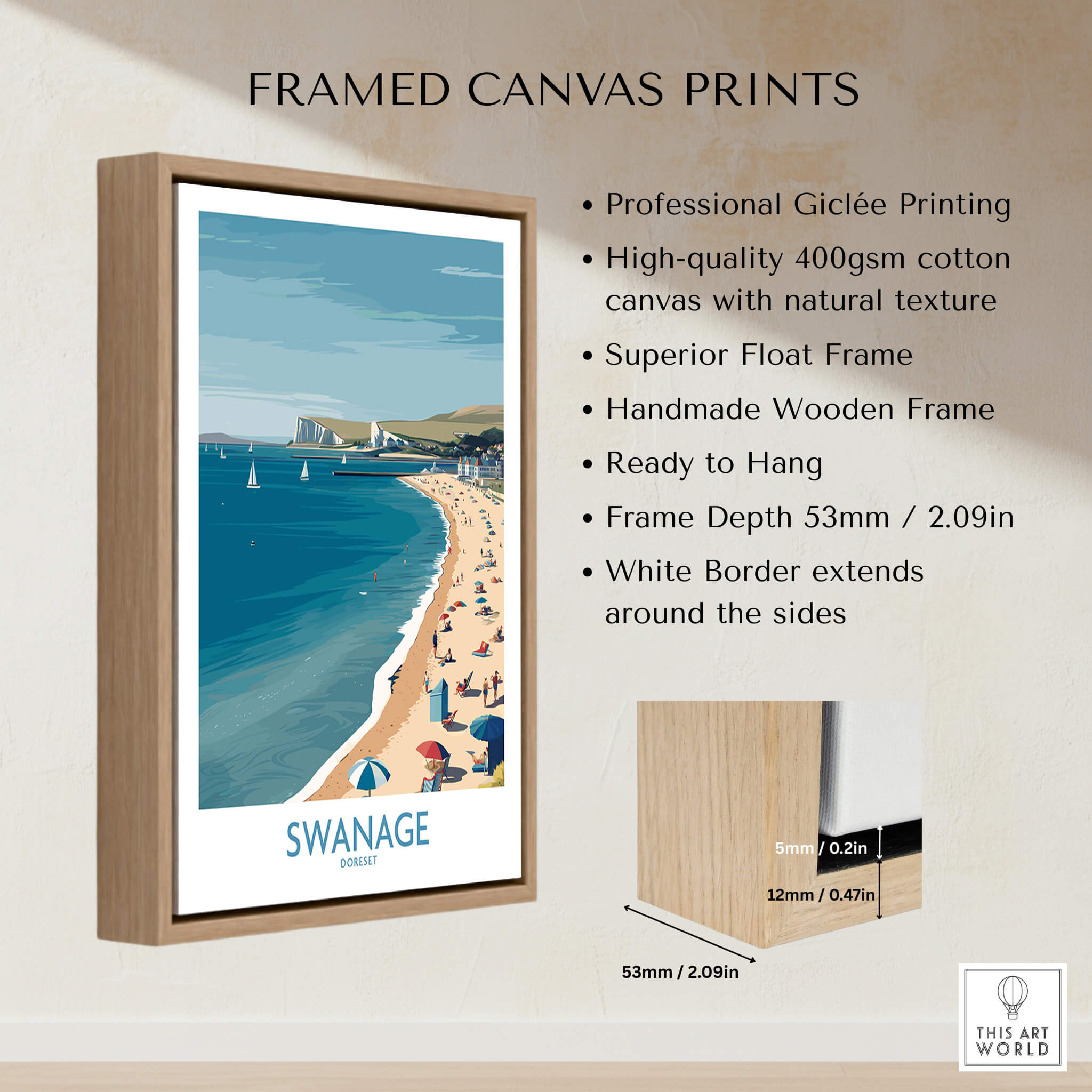 Swanage Dorset Poster | White Cliffs & Coastal Sailboat Scene Canvas Print framed with natural wood.