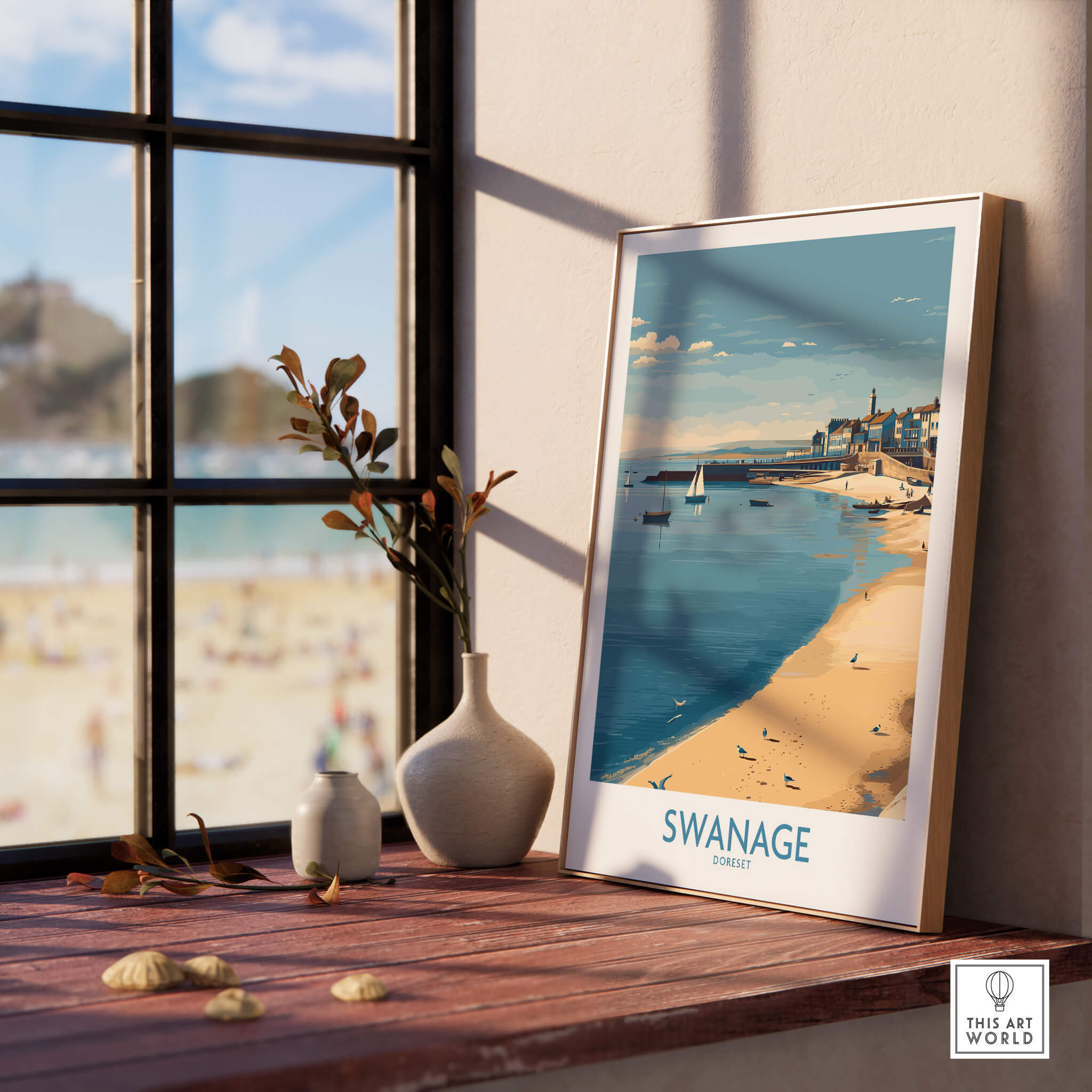 Swanage Dorset Canvas Print | Scenic Bay Poster displayed on a wooden table near a window with beach view.