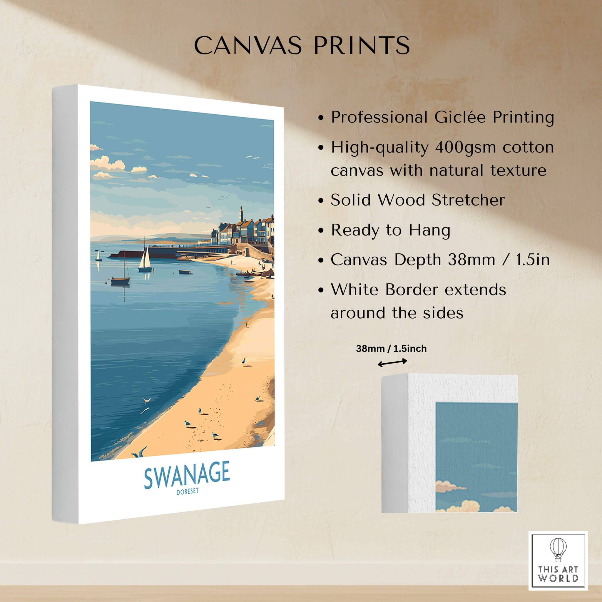 Swanage Dorset Canvas Print | Scenic Bay Poster showcasing professional Giclée printing and natural texture.