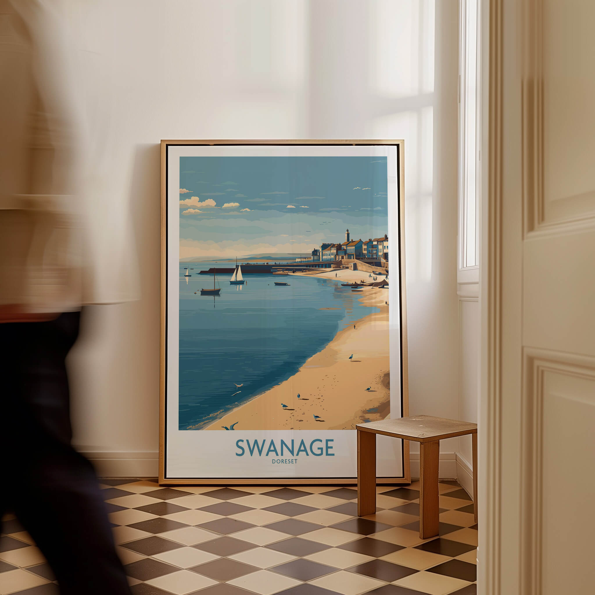 Swanage Dorset Canvas Print | Scenic Bay Poster displayed in a stylish interior setting with a beach view.