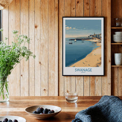Swanage Dorset Canvas Print | Scenic Bay Poster displayed in a home setting with natural wood decor and coastal theme.