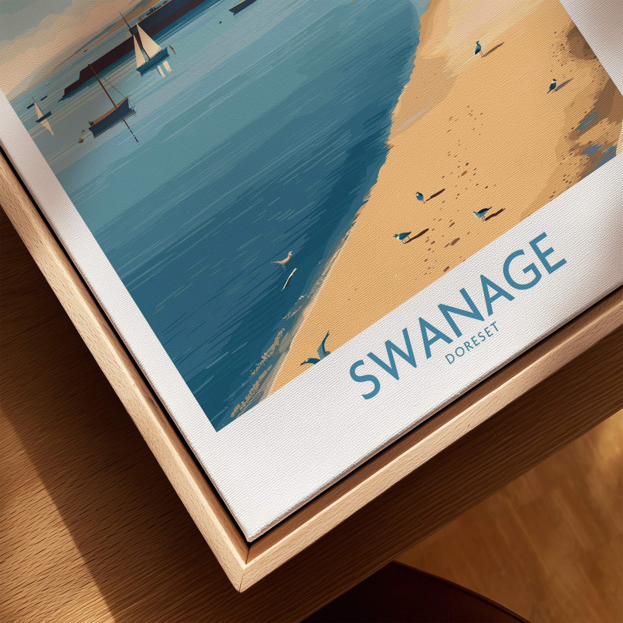 Swanage Dorset Canvas Print | Scenic Bay Poster featuring a serene beach and calm waters.