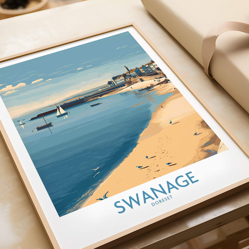 Swanage Dorset Canvas Print | Scenic Bay Poster featuring a serene beach and calm waters of Swanage Bay.
