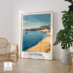 Swanage Dorset Canvas Print | Scenic Bay Poster showcasing Swanage Bay with boats and the shoreline in a stylish room.