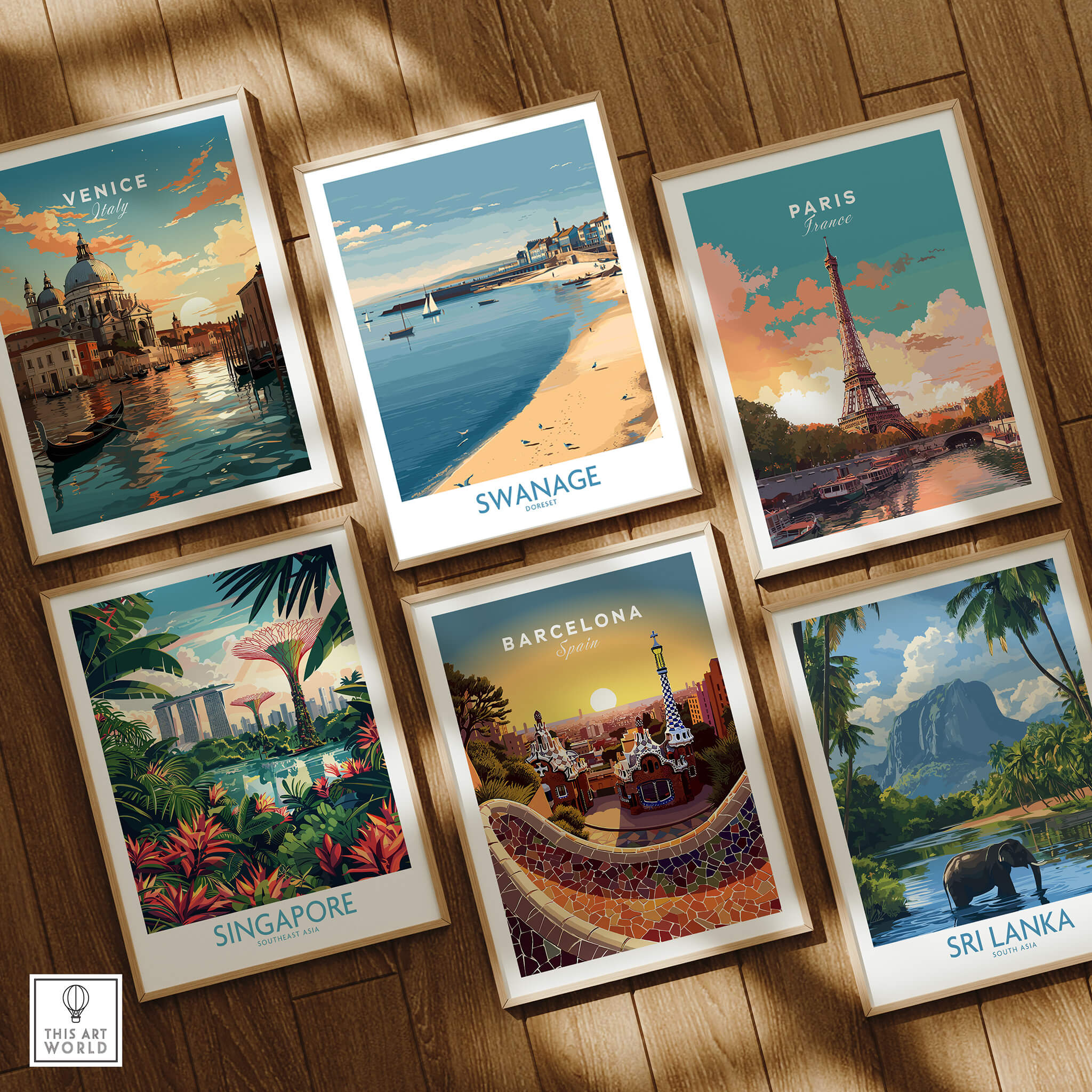 Swanage Dorset Canvas Print | Scenic Bay Poster among travel-themed wall art prints featuring Venice, Paris, Barcelona, Singapore, and Sri Lanka.