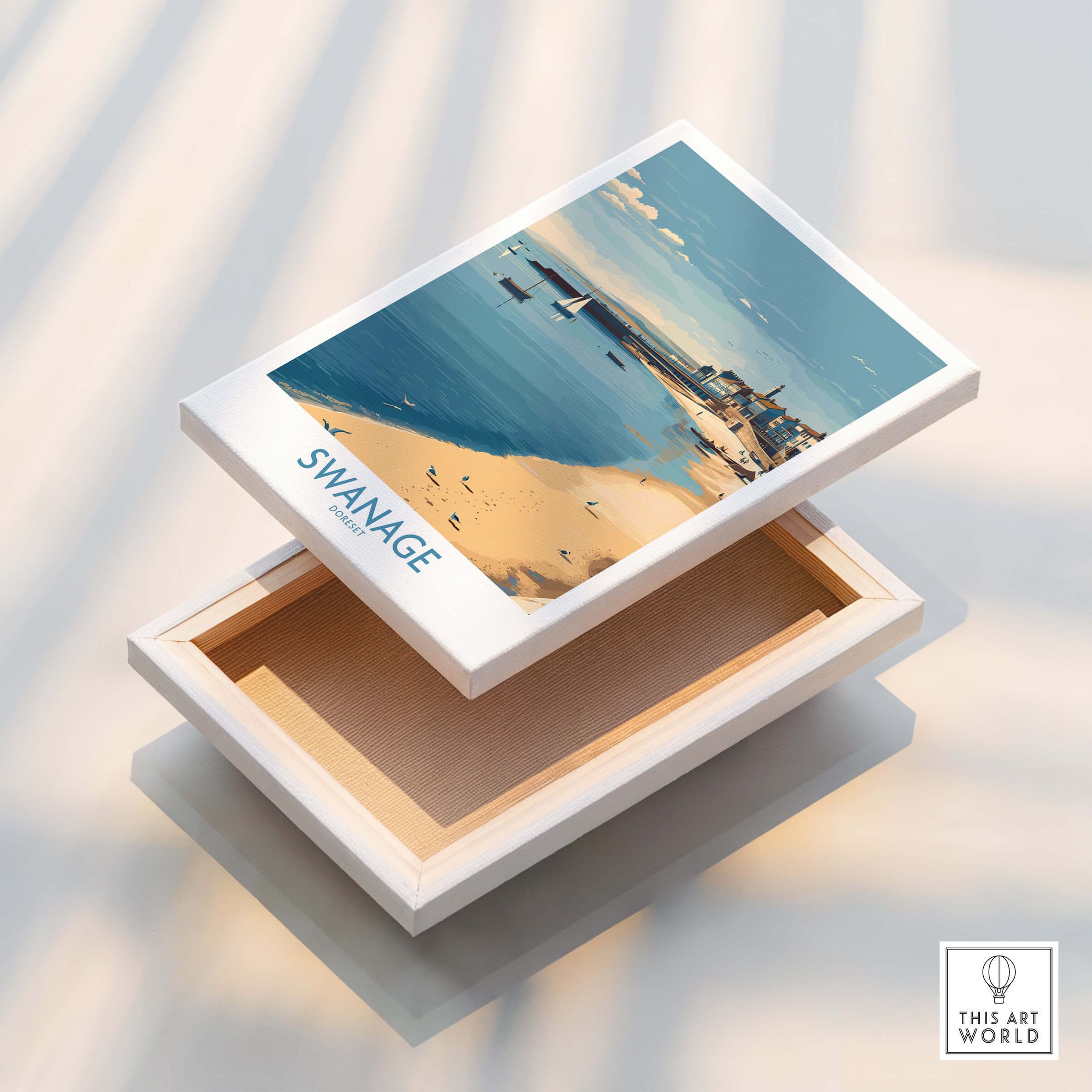 Swanage Dorset Canvas Print | Scenic Bay Poster displayed on an open box, showcasing the scenic artwork.