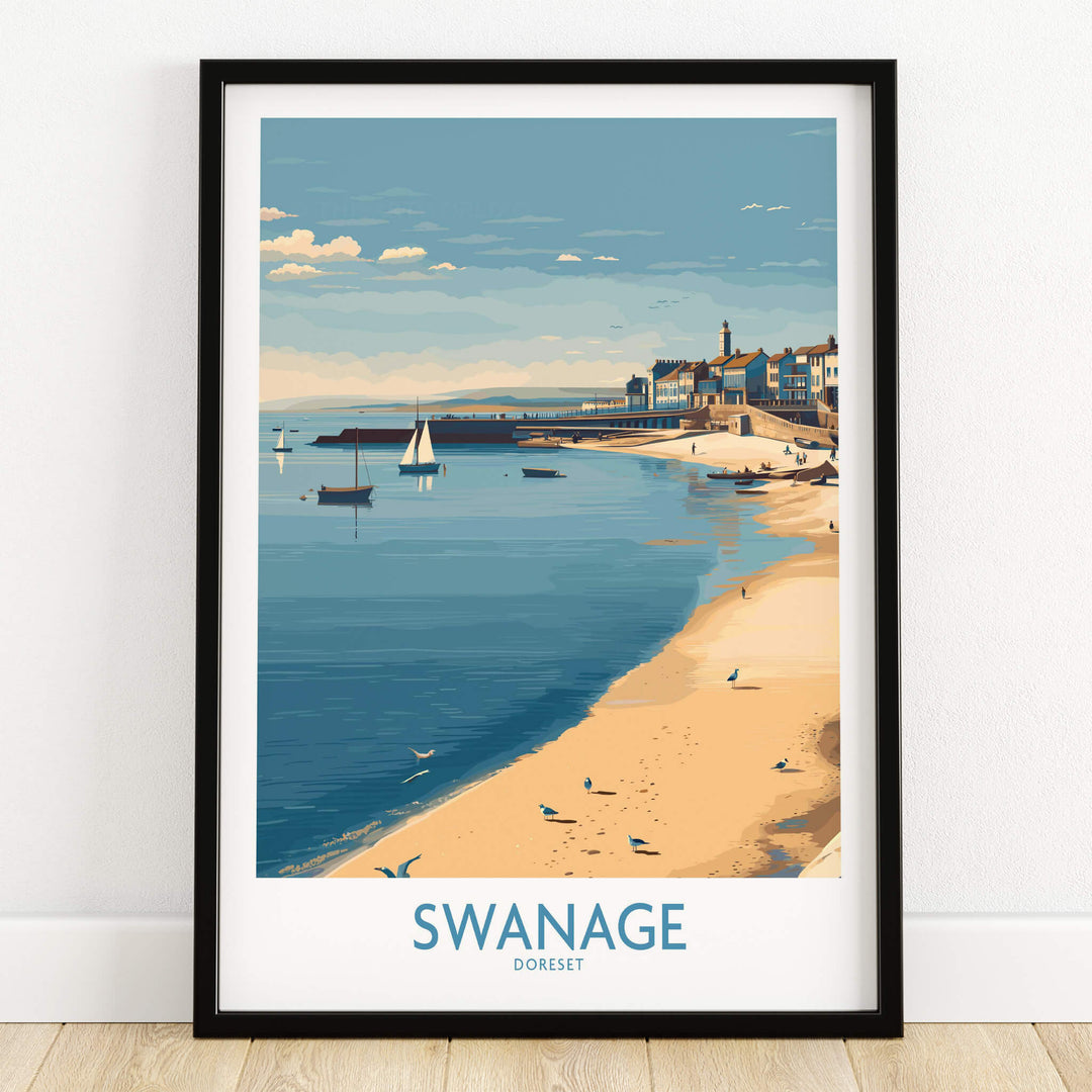 Swanage Dorset Canvas Print | Scenic Bay Poster featuring a picturesque shoreline and tranquil waters.