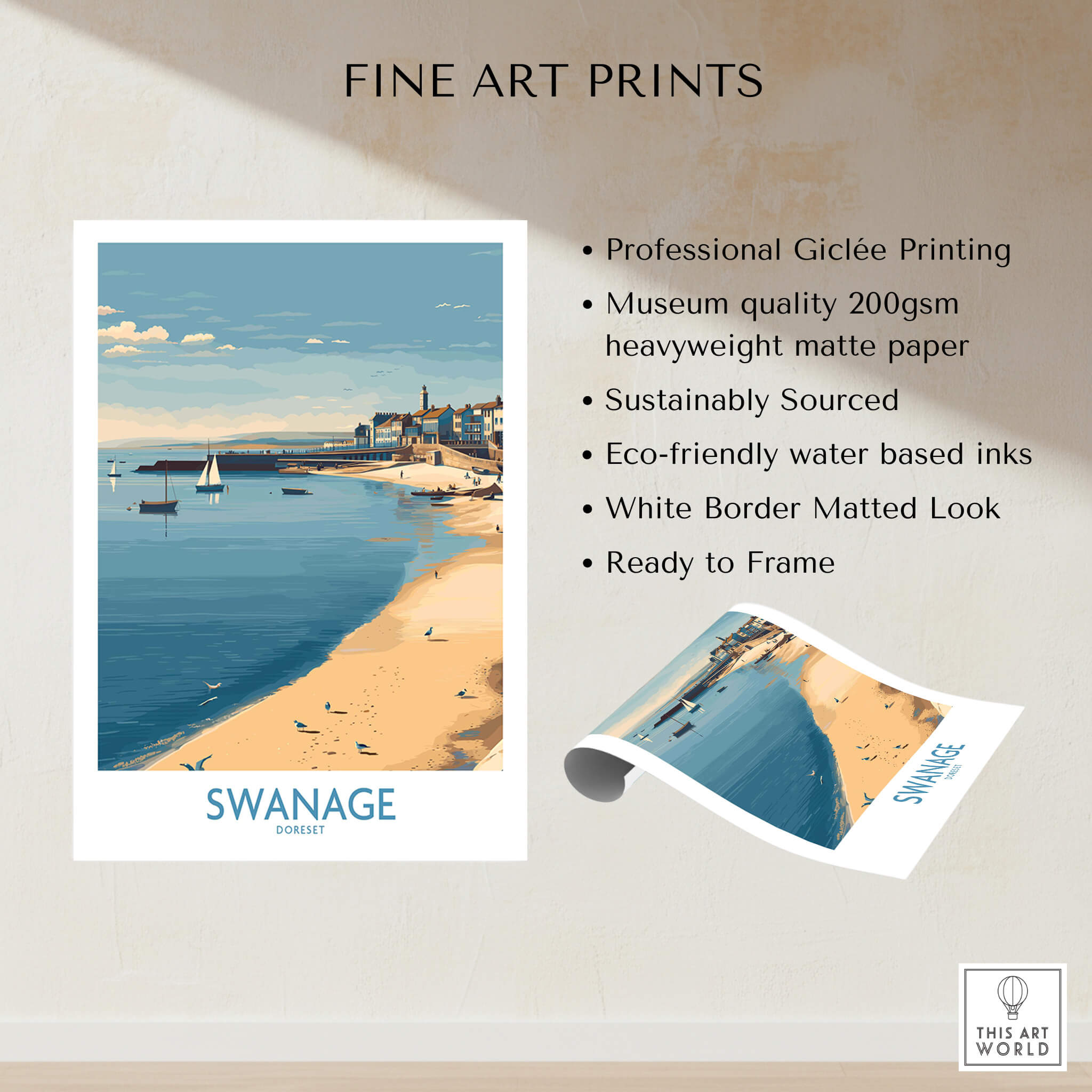 Swanage Dorset Canvas Print | Scenic Bay Poster showcasing professional Giclée printing with eco-friendly materials.