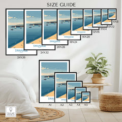 Swanage Dorset Canvas Print | Scenic Bay Poster size guide showing various print dimensions and styles.