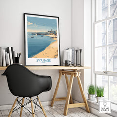 Swanage Dorset Canvas Print | Scenic Bay Poster displayed on a desk with coastal view in a modern interior setting.