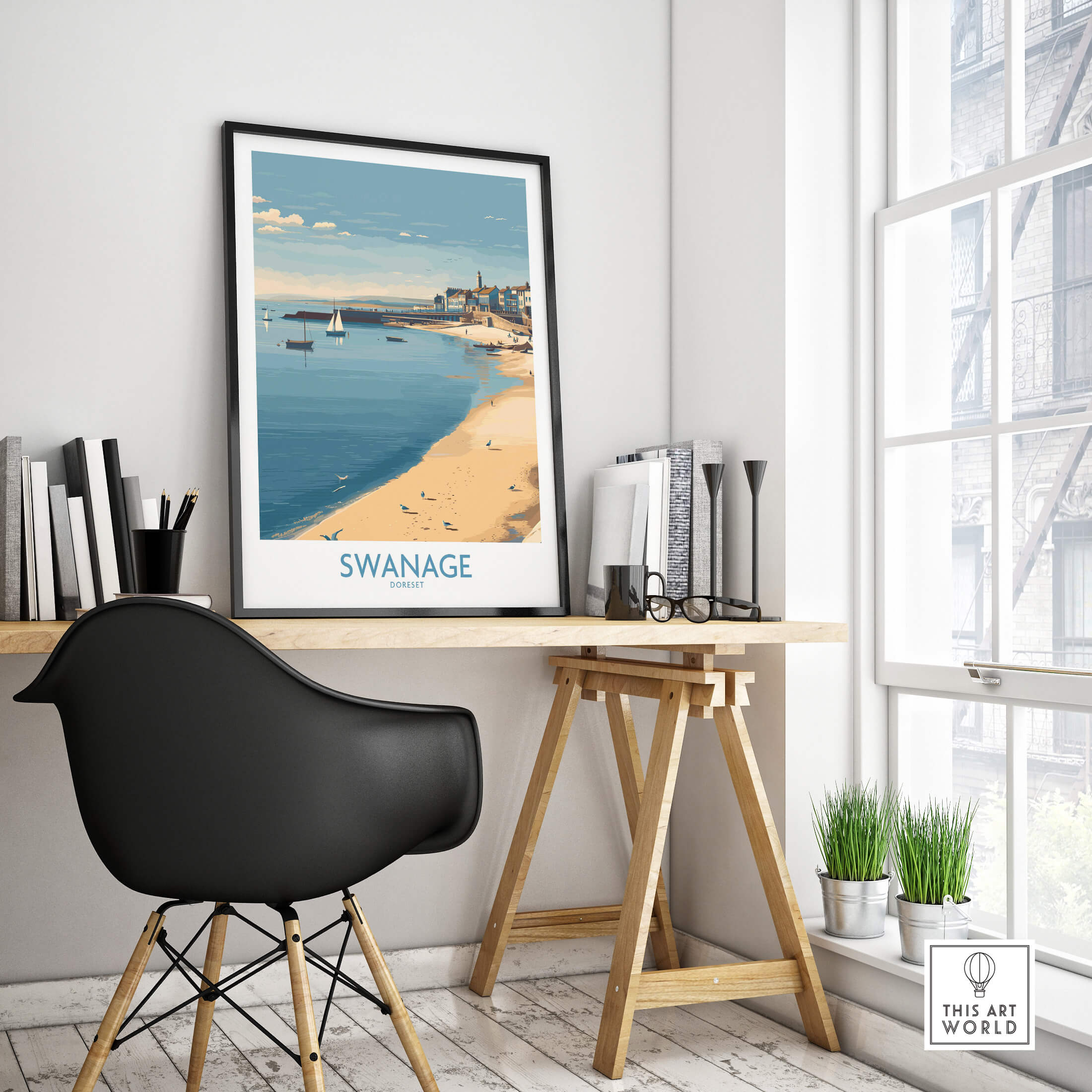 Swanage Dorset Canvas Print | Scenic Bay Poster displayed on a desk with coastal view in a modern interior setting.