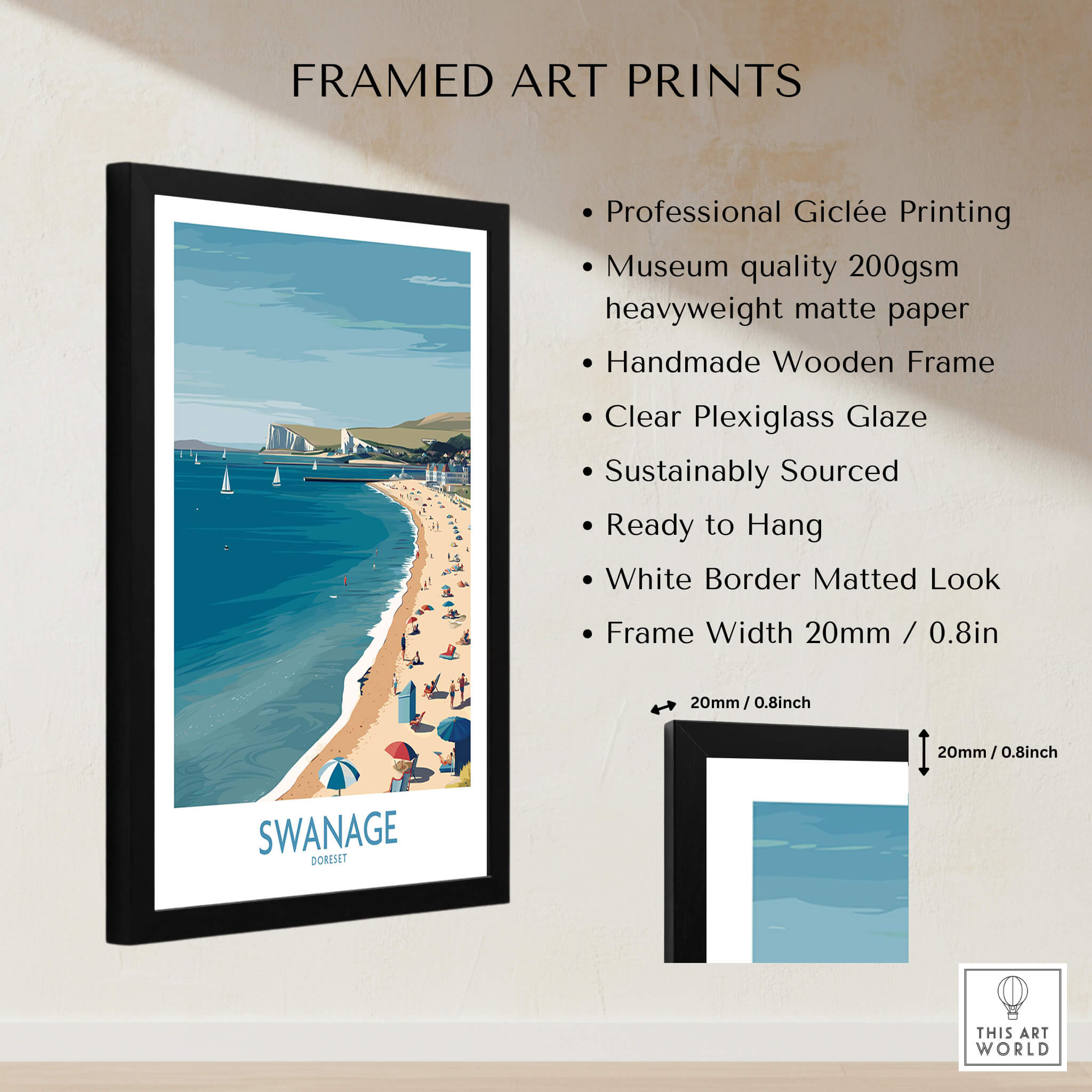 Swanage Dorset Poster | White Cliffs & Coastal Sailboat Scene Canvas Print framed art print with professional giclée printing.