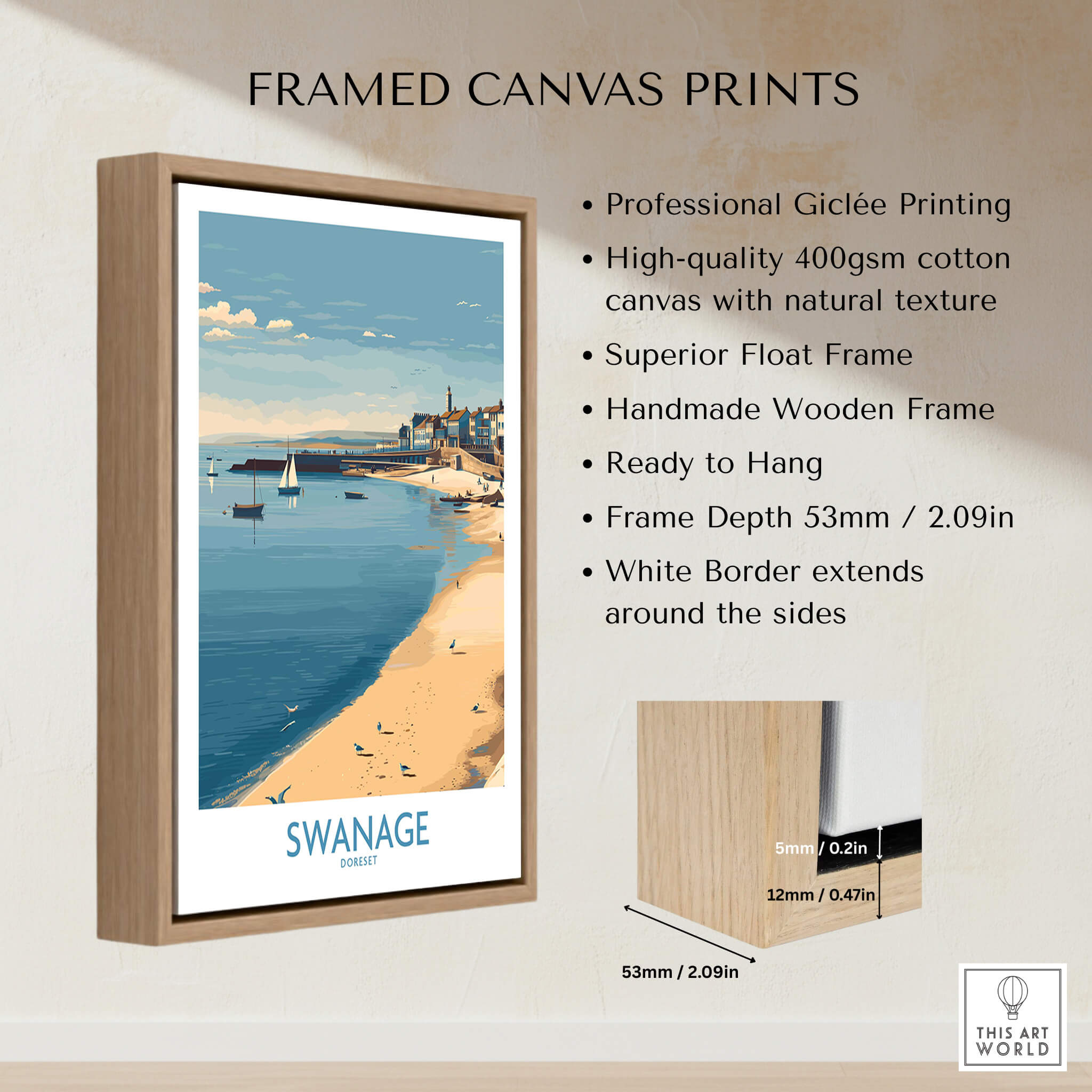 Swanage Dorset Canvas Print | Scenic Bay Poster framed with a wooden frame, showcasing Giclée printing and coastal scenery.