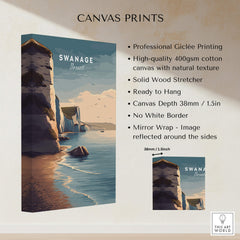 Swanage Print Dorset Wall Art | Old Harry Rocks Coastline Travel Poster showcasing a stunning coastal landscape on canvas.