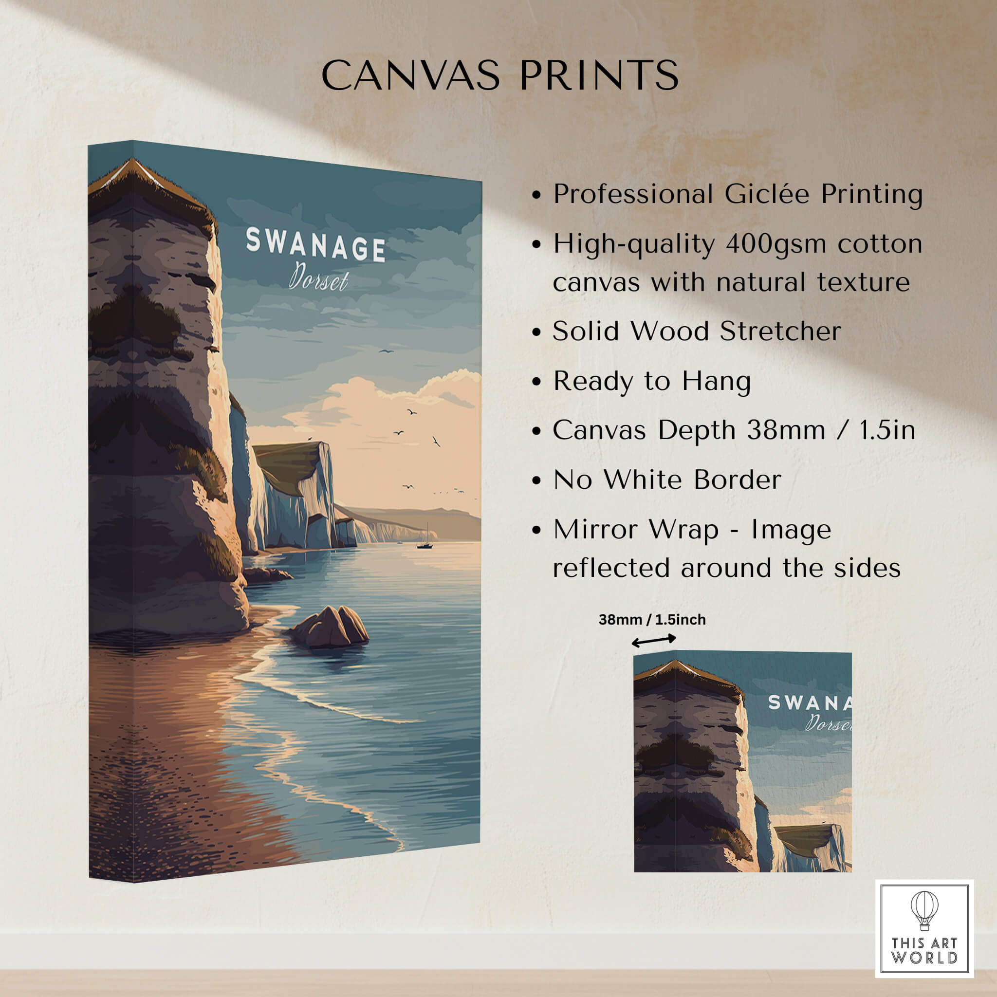 Swanage Print Dorset Wall Art | Old Harry Rocks Coastline Travel Poster showcasing a stunning coastal landscape on canvas.