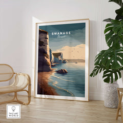 Swanage Print Dorset Wall Art | Old Harry Rocks Coastline Travel Poster displayed in a stylish interior setting.