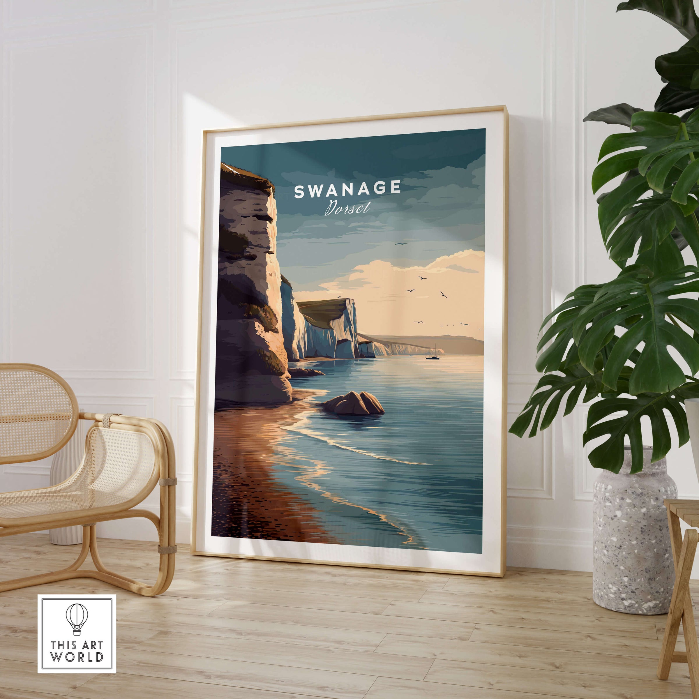 Swanage Print Dorset Wall Art | Old Harry Rocks Coastline Travel Poster displayed in a stylish interior setting.