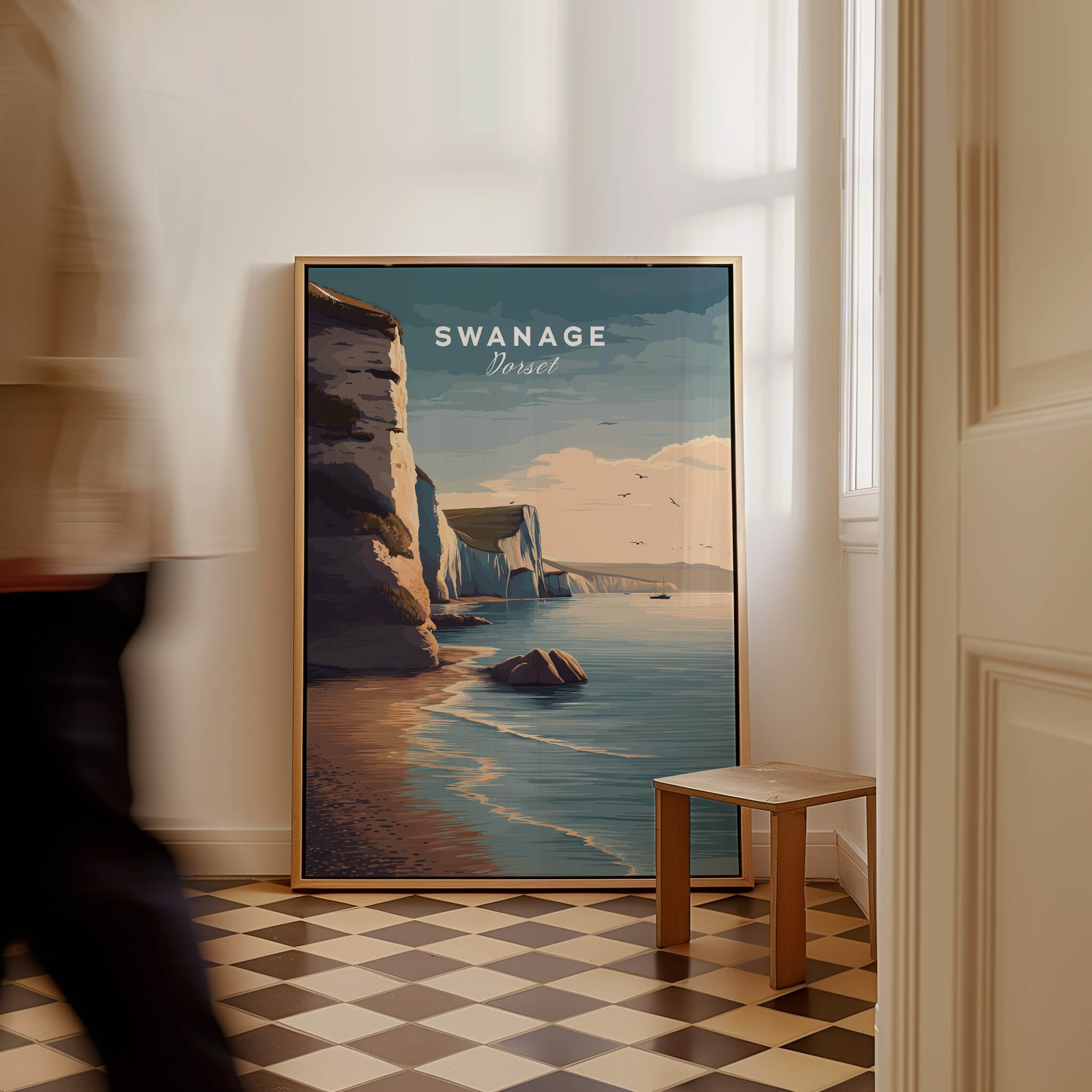 Swanage Print Dorset Wall Art | Old Harry Rocks Coastline Travel Poster displayed in a stylish interior setting.