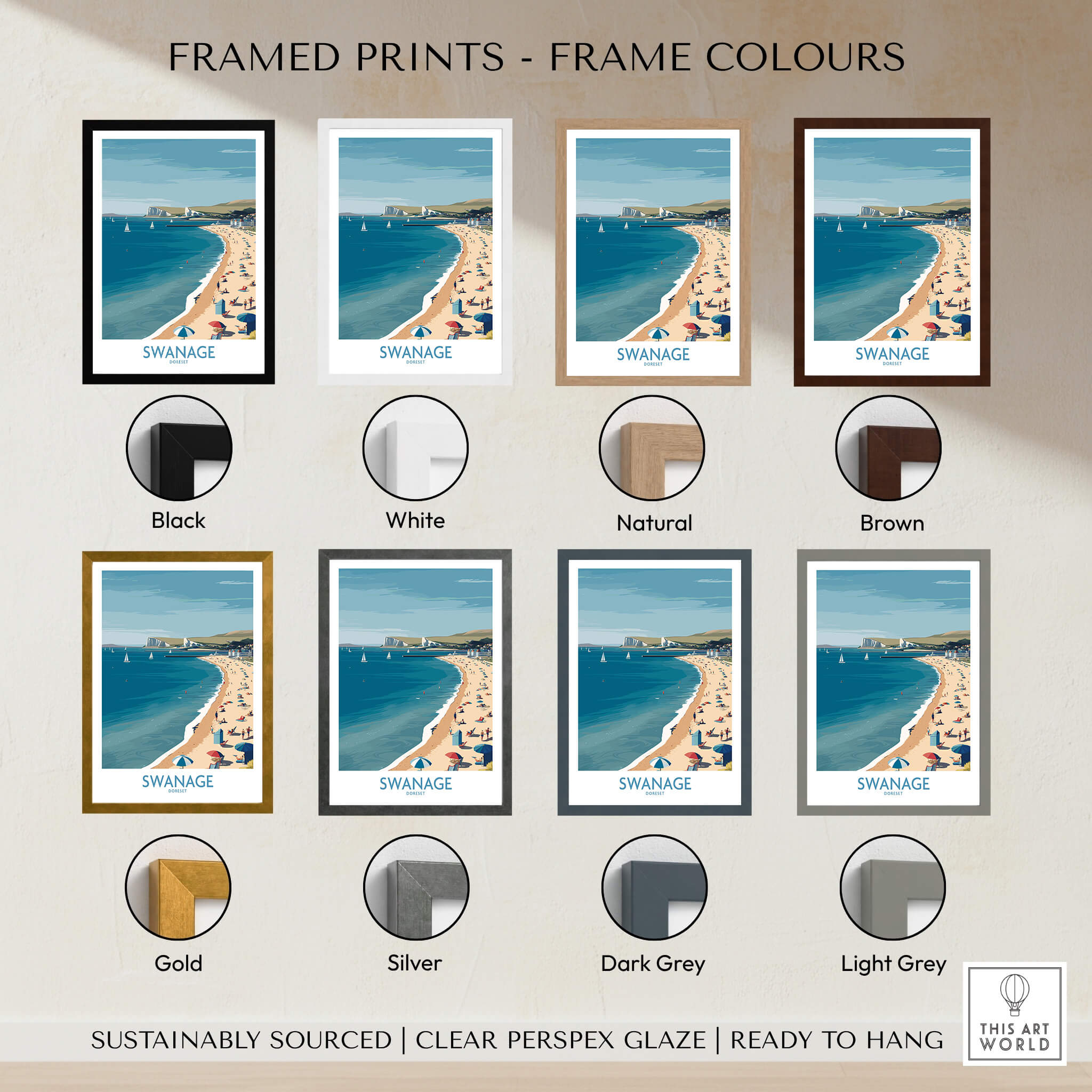 Swanage Dorset Poster | White Cliffs & Coastal Sailboat Scene Canvas Print available in various frame colors.
