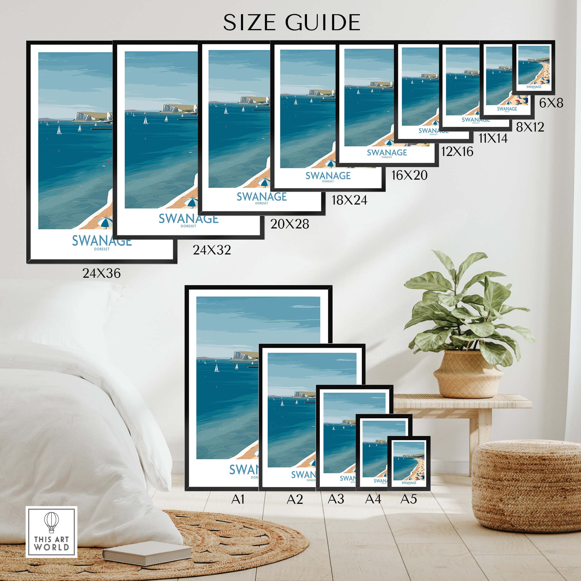 Swanage Dorset Poster | White Cliffs & Coastal Sailboat Scene Canvas Print Size Guide