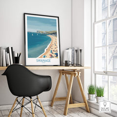 Swanage Dorset Poster | White Cliffs & Coastal Sailboat Scene Canvas Print displayed in modern office decor.