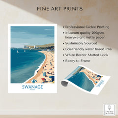 Swanage Dorset Poster | White Cliffs & Coastal Sailboat Scene Canvas Print showcasing a vibrant beach scene.
