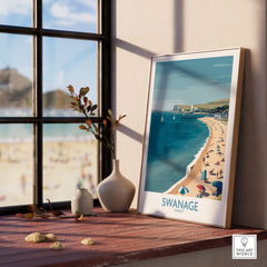 Swanage Dorset Poster | White Cliffs & Coastal Sailboat Scene Canvas Print displayed in a sunny interior by the window.