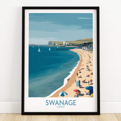 Swanage Dorset Poster | White Cliffs & Coastal Sailboat Scene Canvas Print showing a beach with sailboats and umbrellas.