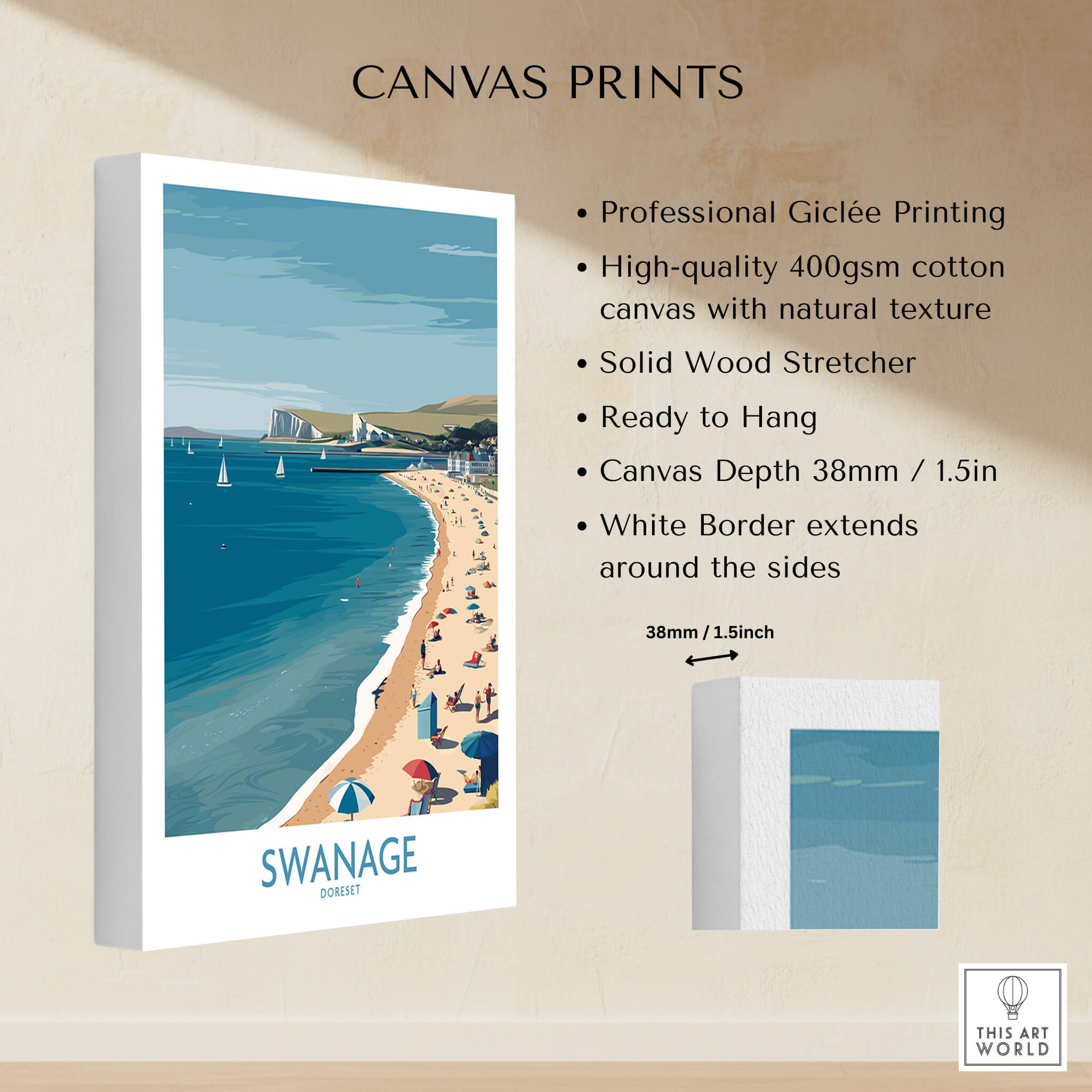 Swanage Dorset Poster | White Cliffs & Coastal Sailboat Scene Canvas Print showcasing professional printing and design.