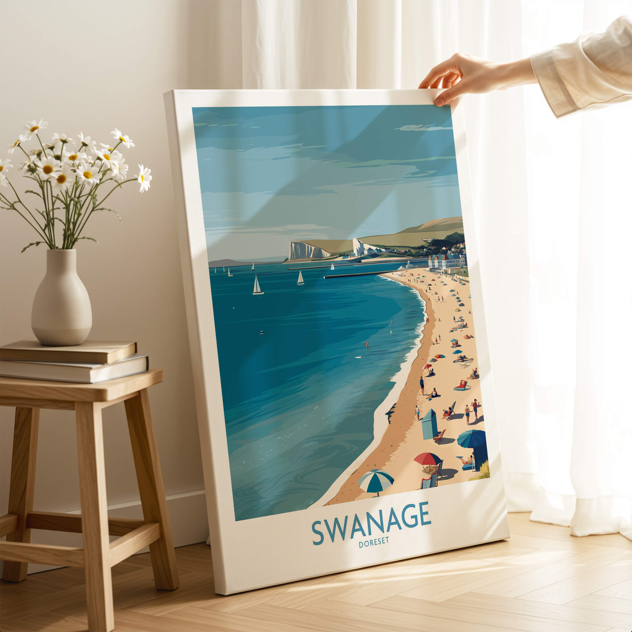 Swanage Dorset Poster | White Cliffs & Coastal Sailboat Scene Canvas Print displayed in a bright living room.