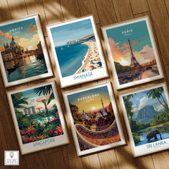 Swanage Dorset Poster | White Cliffs & Coastal Sailboat Scene Canvas Print displayed among travel-themed art.