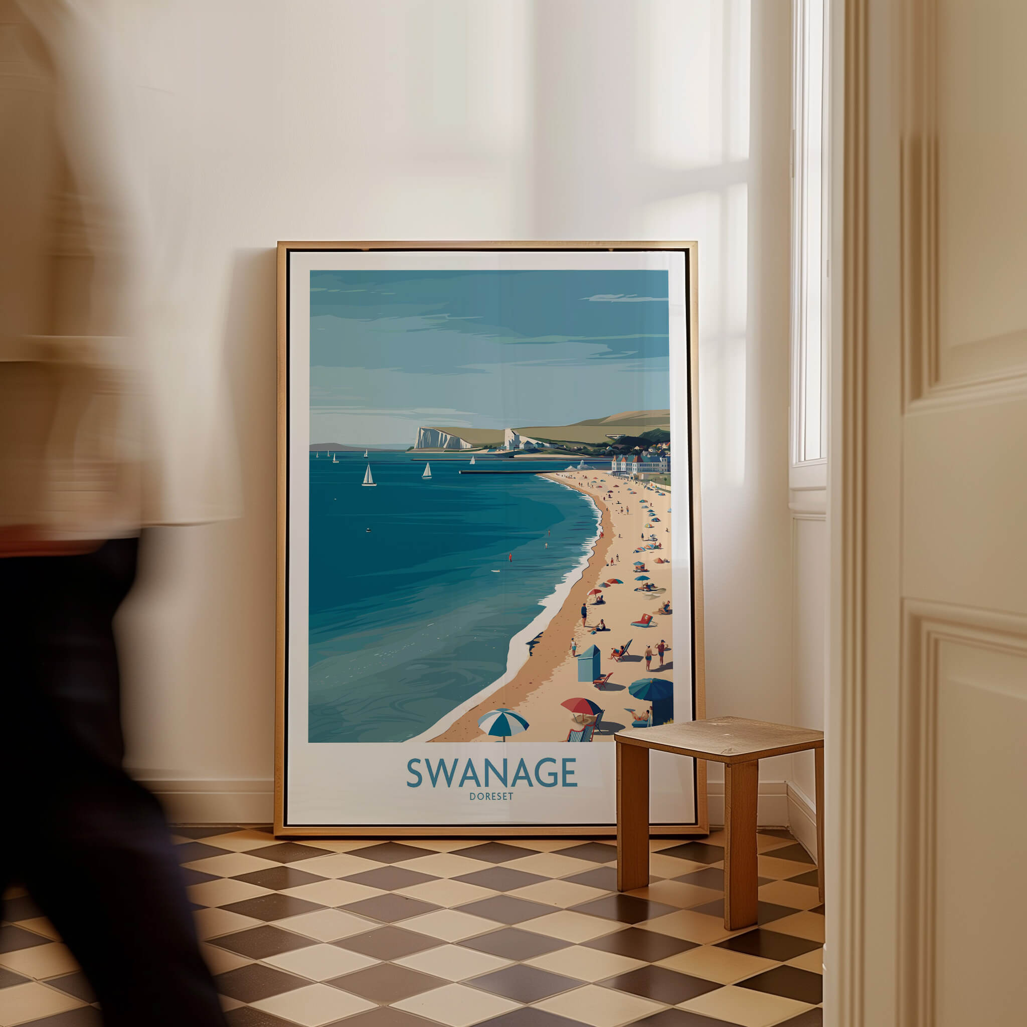 Swanage Dorset Poster | White Cliffs & Coastal Sailboat Scene Canvas Print displayed in a chic interior setting.