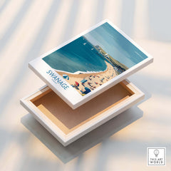 Swanage Dorset Poster | White Cliffs & Coastal Sailboat Scene Canvas Print displayed on a decorative box.
