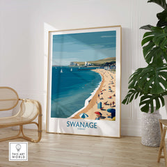Swanage Dorset Poster | White Cliffs & Coastal Sailboat Scene Canvas Print displayed in a bright, coastal-themed living room.