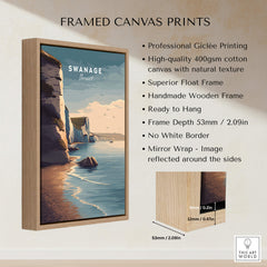 Swanage Print Dorset Wall Art | Old Harry Rocks Coastline Travel Poster framed canvas print details and features.