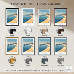 Swanage Dorset Canvas Print | Scenic Bay Poster framed in various colors like black, white, natural, brown, and gold.