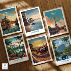 Swanage Poster Dorset | White Cliffs Coastal Landscape Canvas Print displayed among travel posters of Venice, Paris, Barcelona, Singapore, and Sri Lanka.